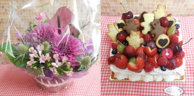 ブーケティエさんのお花のアレンジとケーキハウスハピネスの四角いデコレーションケーキ♪(*^_^*)