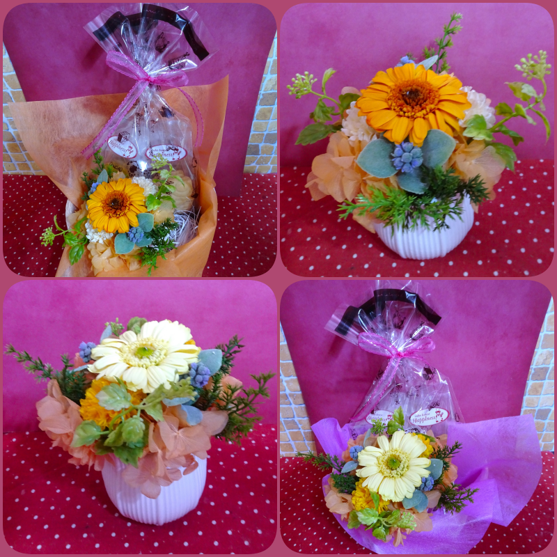 大阪市中央区のお花屋さん♪ブーケティエさんのプリザーブドフラワーアレンジとケーキハウスハピネスの焼き菓子のギフトセット販売中です♪(*^_^*)