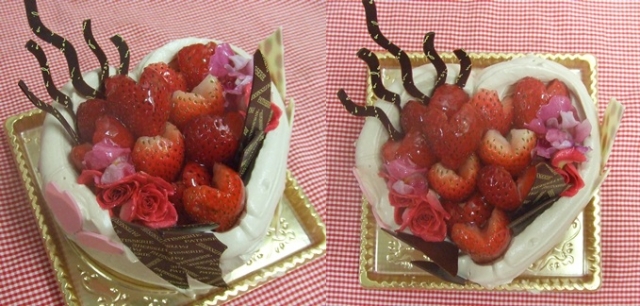 ハート型ケーキにハート形のいちごをのせたデコレーションケーキ♪