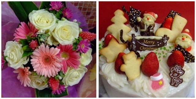 クリスマスにもブーケティエさんのお花とケーキハウスハピネスのケーキを一緒に受け取っていただけます♪(*^_^*)